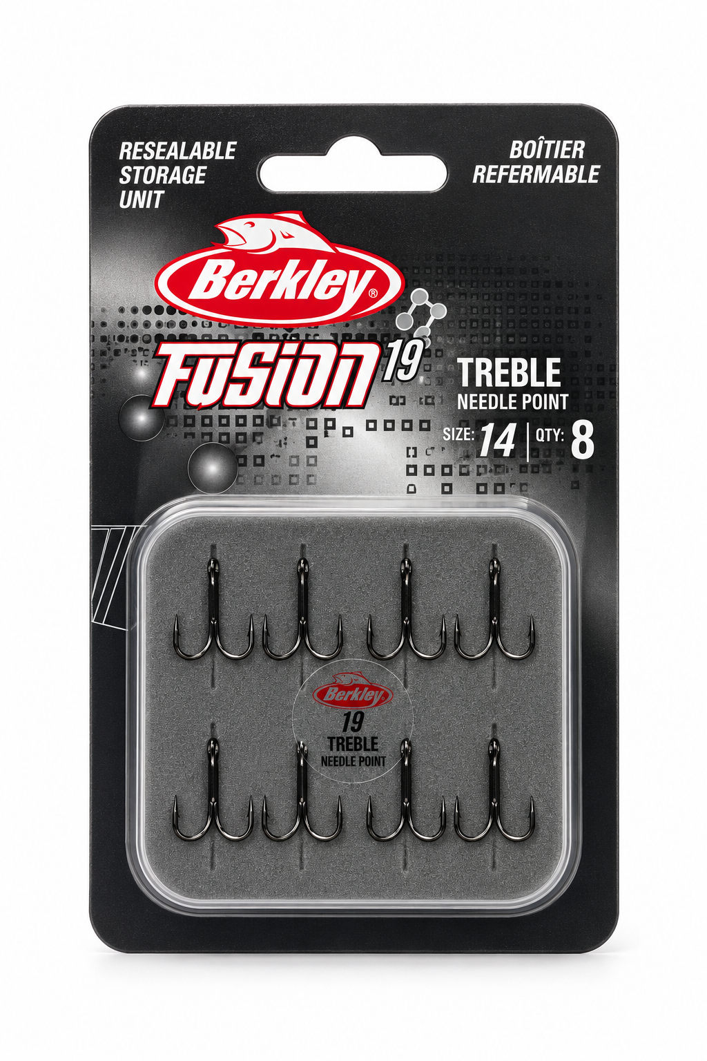 Berkley Fusion19 Treble Needle Point nº 14, pack de 8 sobre fondo blanco