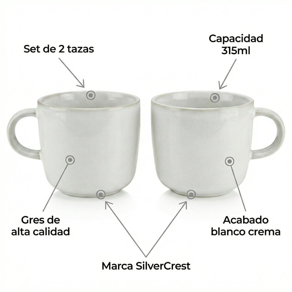 Set 2 Tazas SilverCrest Stoneware Blanco Crema