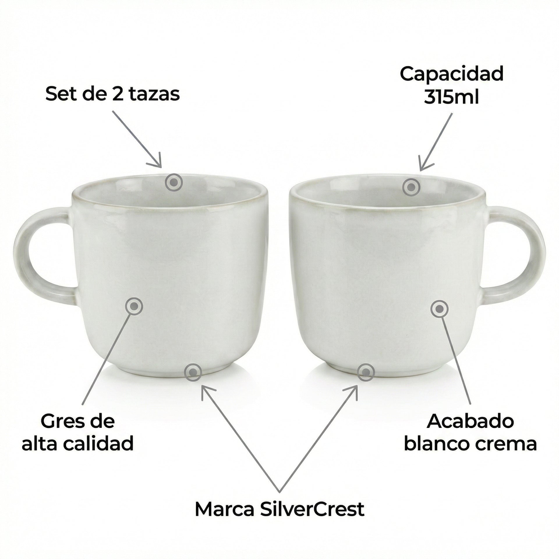 Set 2 Tazas SilverCrest Stoneware Blanco Crema