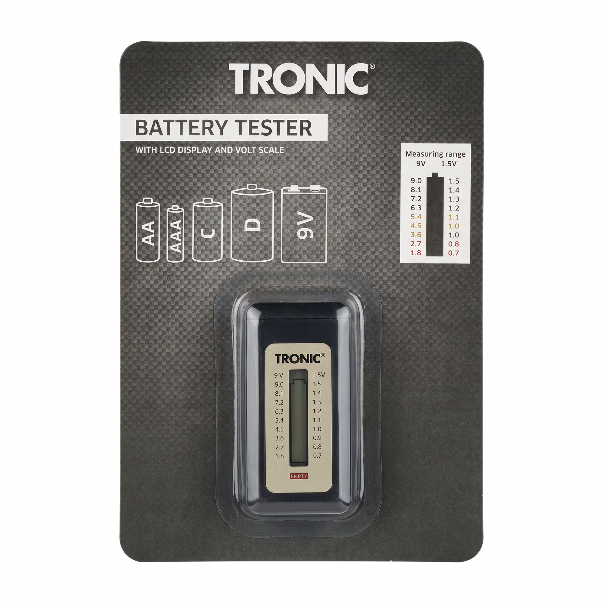 Tronic Comprobador de Pilas con Pantalla LCD
