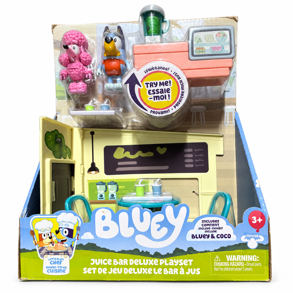 Puesto de zumos Bluey Deluxe con Bluey y Coco en embalaje original sobre fondo blanco