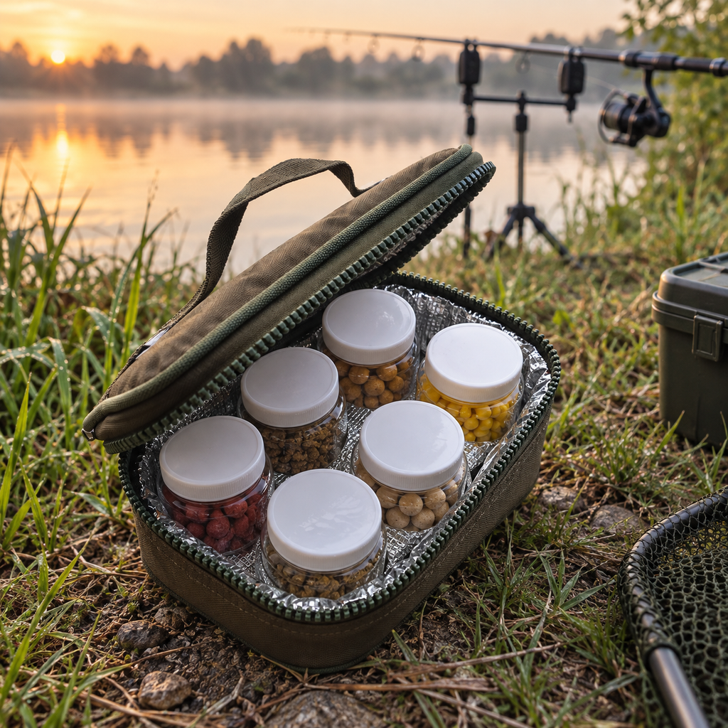 Bolsa térmica con seis botes de cebo junto a un puesto de pesca