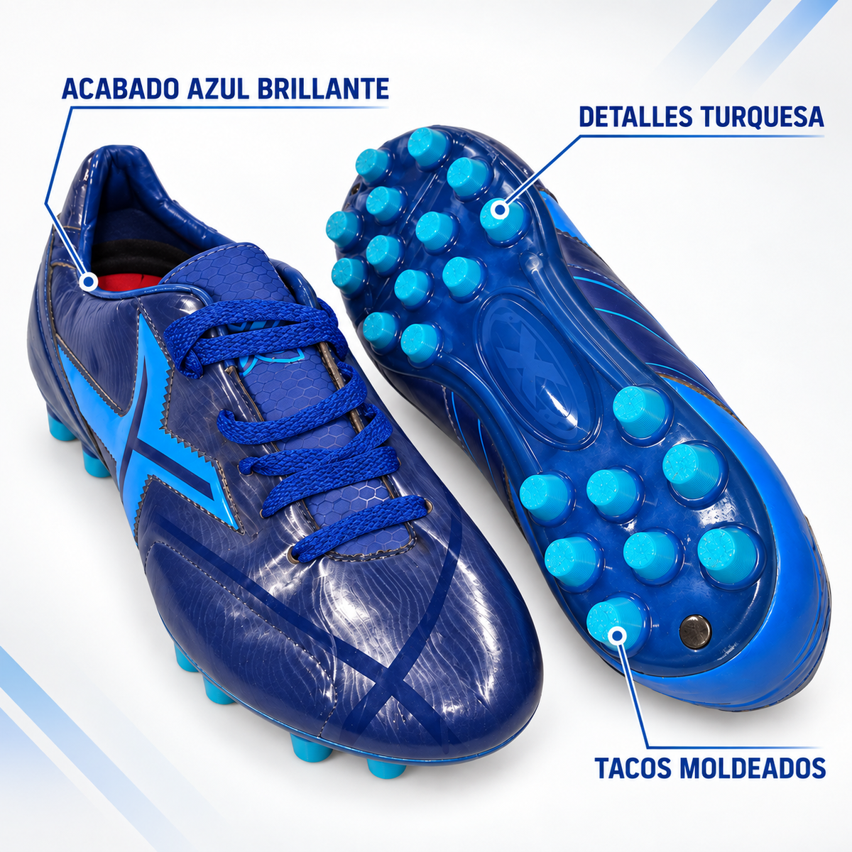 Características visibles de las botas Munich azules con tacos turquesa