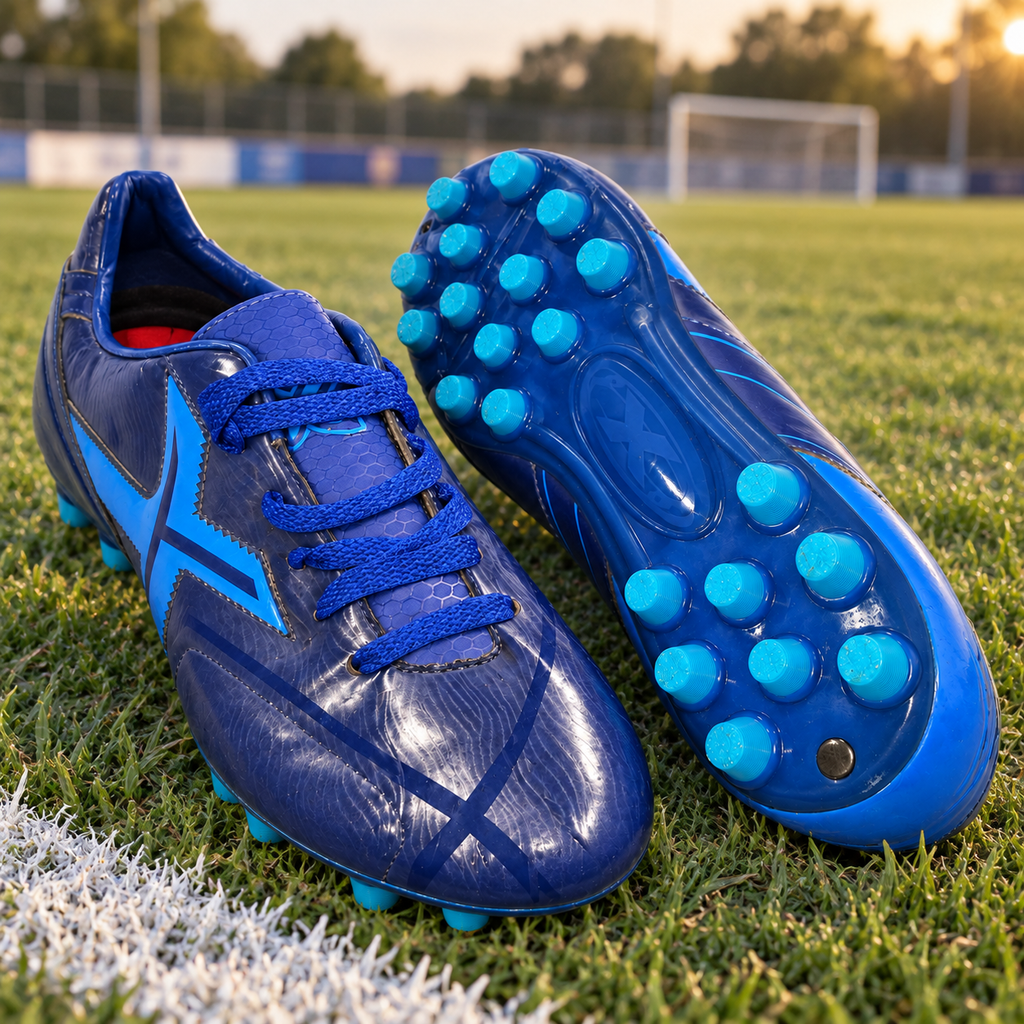 Botas de fútbol Munich azules y turquesa junto a un campo de fútbol