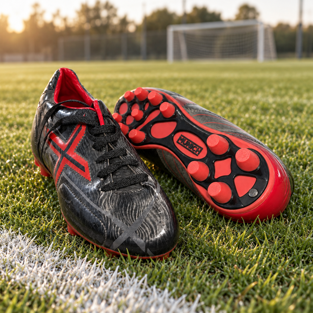 Botas de fútbol Munich negras y rojas junto a un campo de fútbol