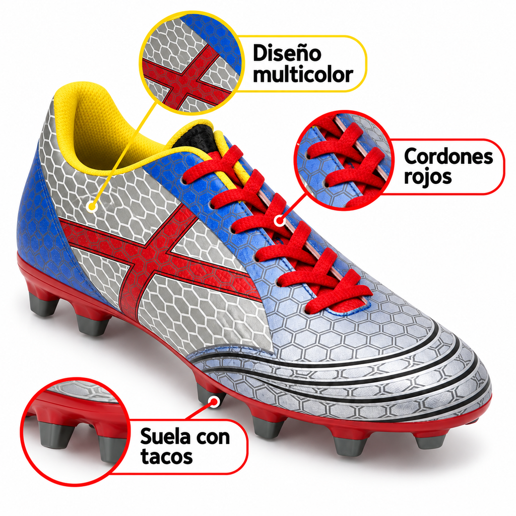 Características de las botas de fútbol Munich multicolor con cordones rojos y tacos
