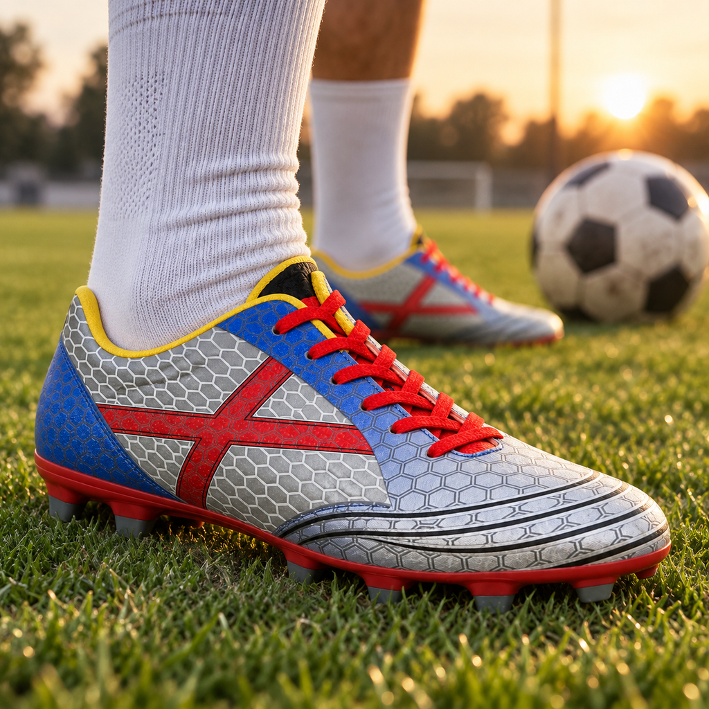 Botas de fútbol Munich plateadas, azules y rojas sobre césped