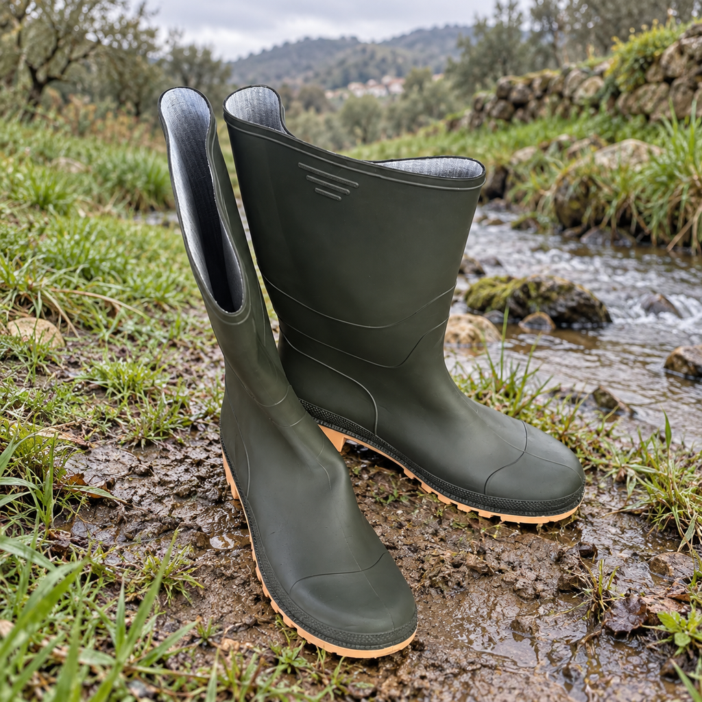 Botas de goma verdes talla 47 en un entorno de campo