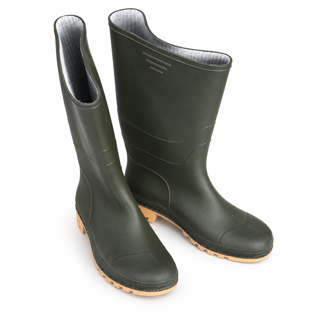 Botas de goma verdes de caña alta talla 47 sobre fondo blanco