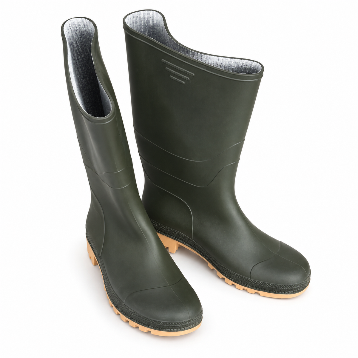 Botas de goma verdes de caña alta talla 47 sobre fondo blanco