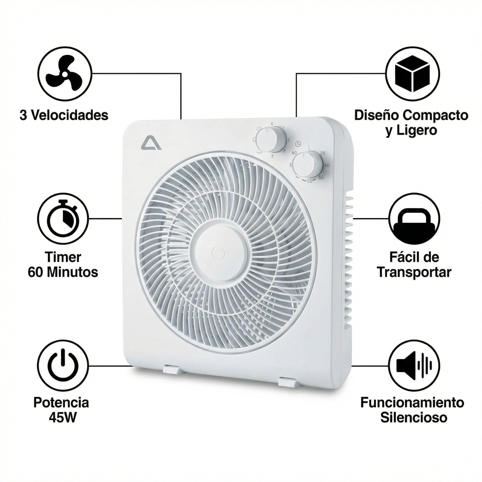 Ventilador de Caja Compacto 45W con Timer 60 Minutos 3 Velocidades | Ambiano