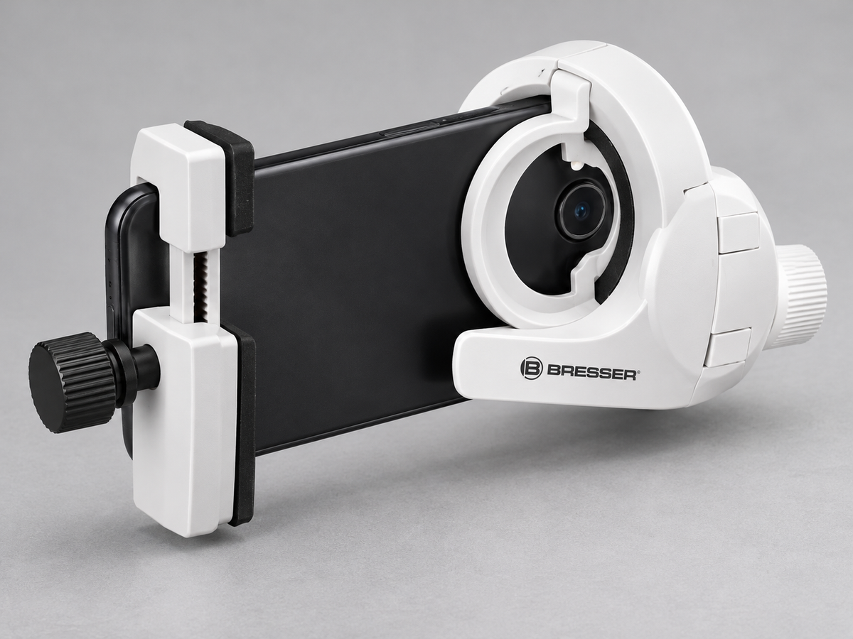 Detalle del soporte ajustable Bresser 4914911 con smartphone