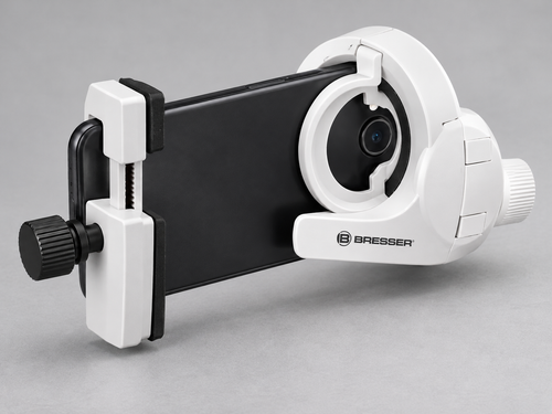 Detalle del soporte ajustable Bresser 4914911 con smartphone