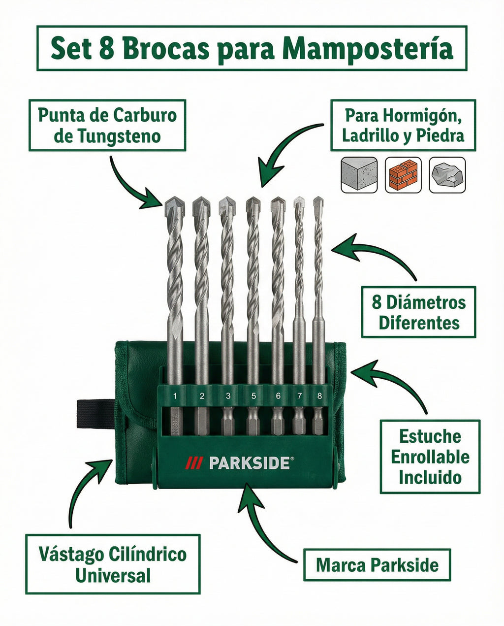 Set 8 Brocas para Mampostería con Estuche Enrollable | Parkside