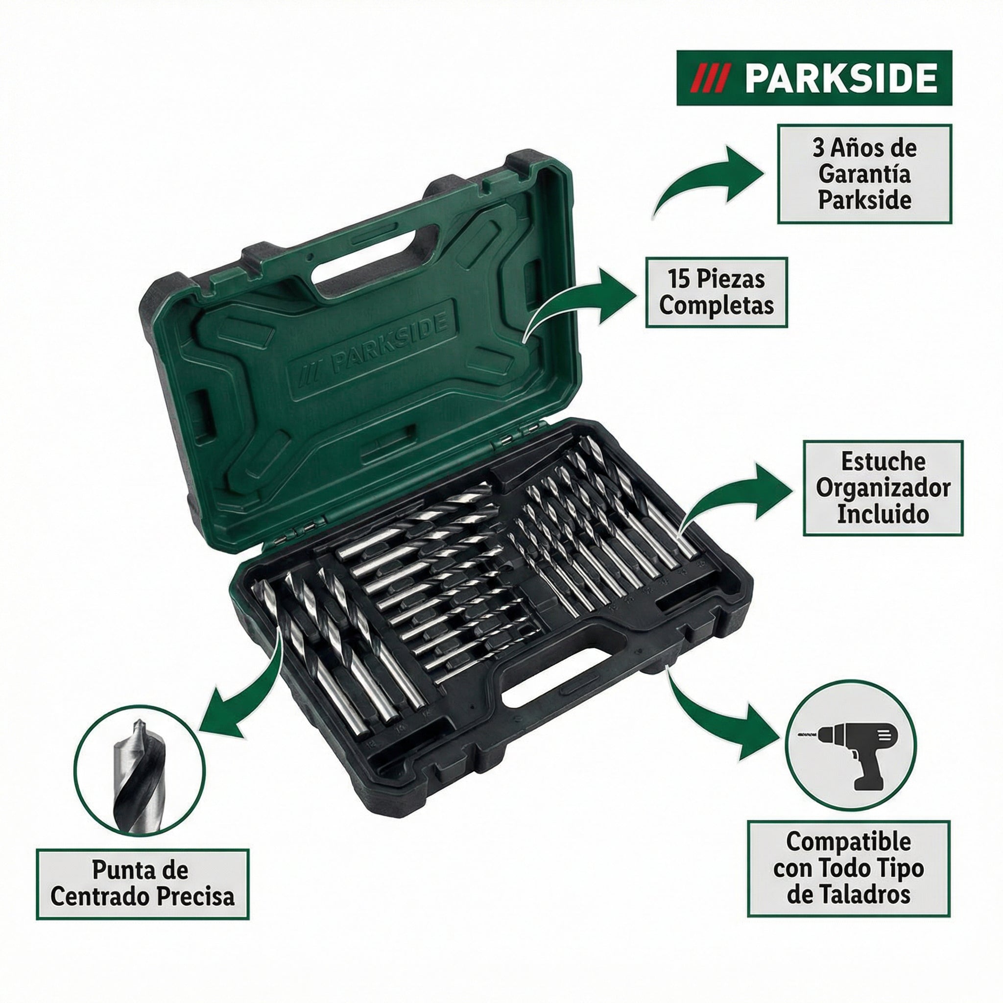Set 15 Brocas para Madera Ø1-7mm con Estuche | Parkside