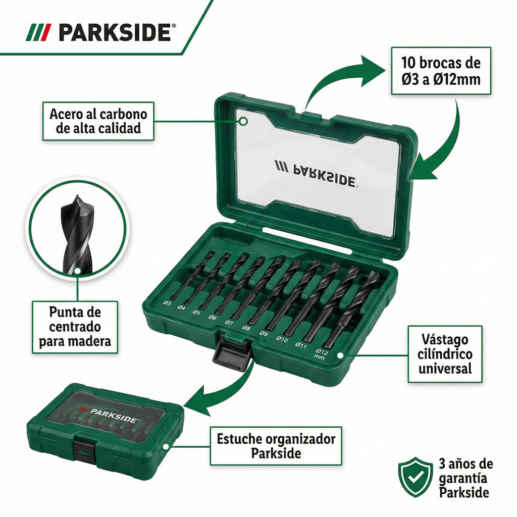 Set 10 Brocas para Madera Ø3-12mm con Estuche | Parkside