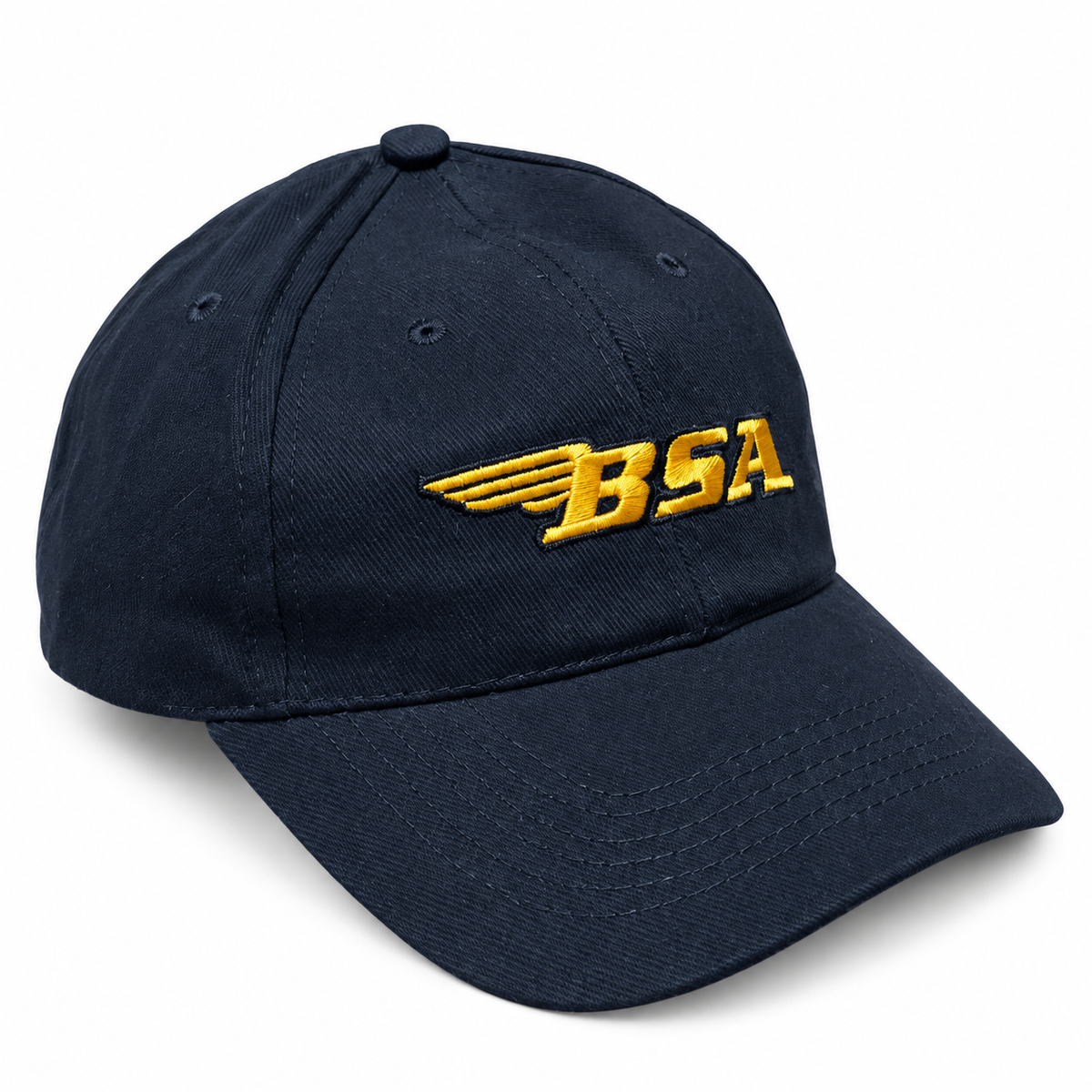 Gorra BSA azul marino con bordado amarillo: vista principal sobre fondo blanco