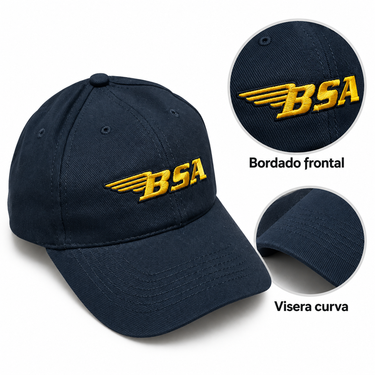 Gorra BSA azul marino con bordado amarillo: detalle del bordado frontal y visera curva