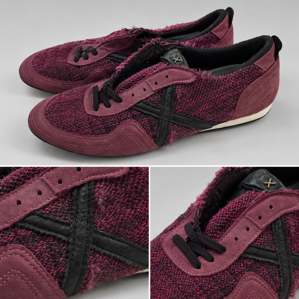 Zapatillas Munich burdeos de tejido grueso con X negra · Talla 45 - detalle de diseño y estado