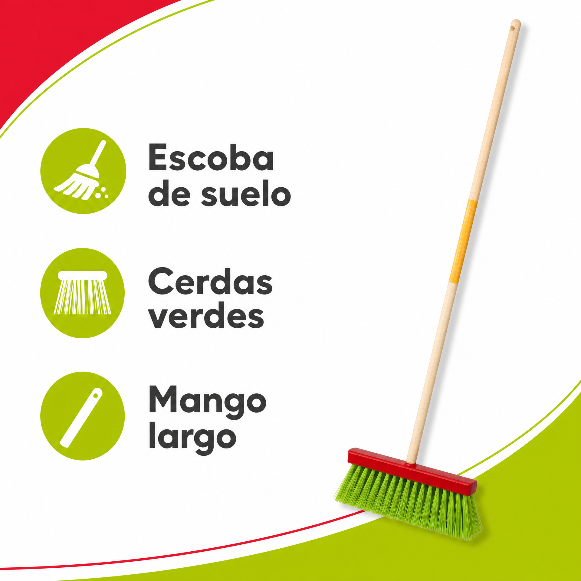 Escoba de suelo con cerdas verdes y cabezal rojo