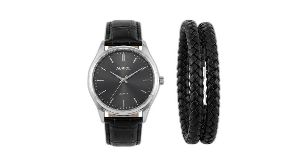 Set Reloj y Pulseras Auriol Hombre Negro — Cuero Trenzado + 3 Años Garantía