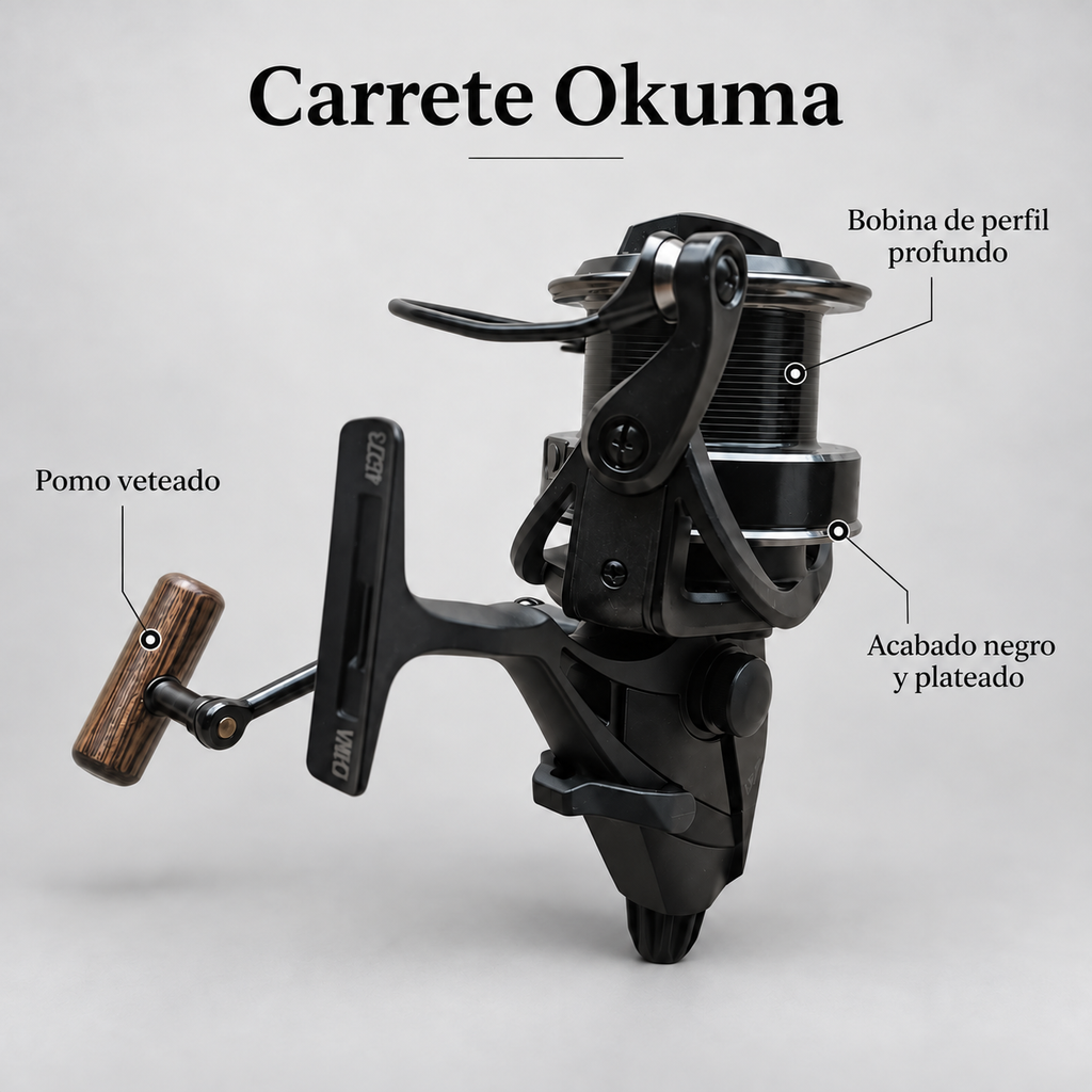 Carrete Okuma: bobina profunda, pomo veteado y acabado negro y plateado
