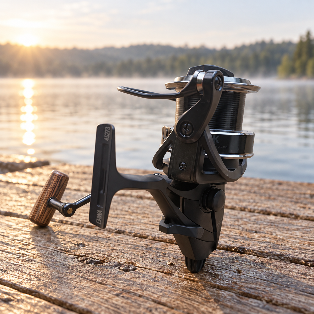 Carrete Okuma con pomo veteado junto a un lago