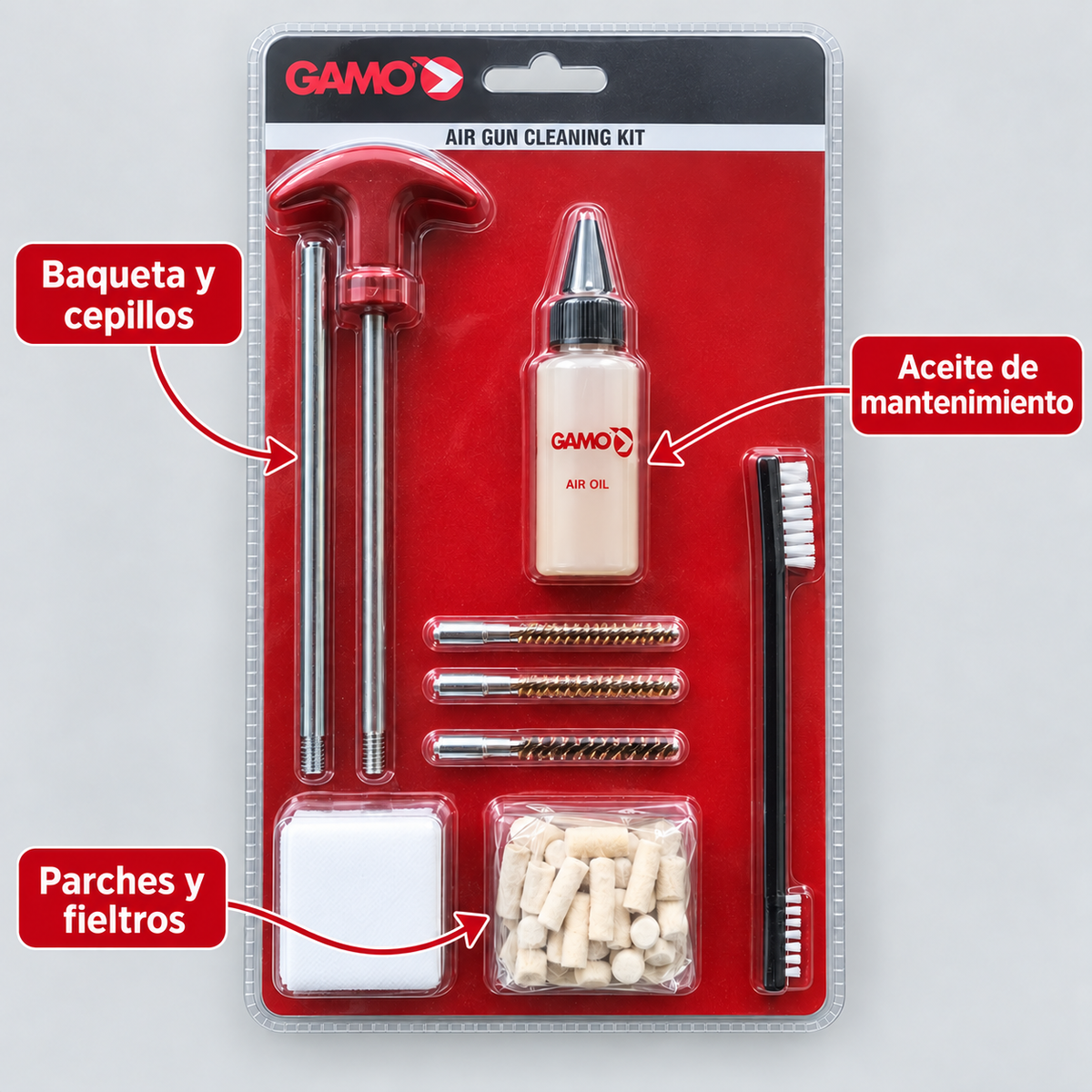 Contenido visible del kit de limpieza Gamo