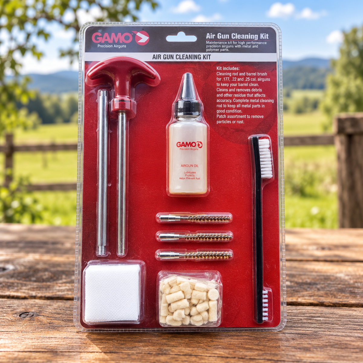 Kit de limpieza Gamo con baqueta, cepillos, aceite, parches y fieltros