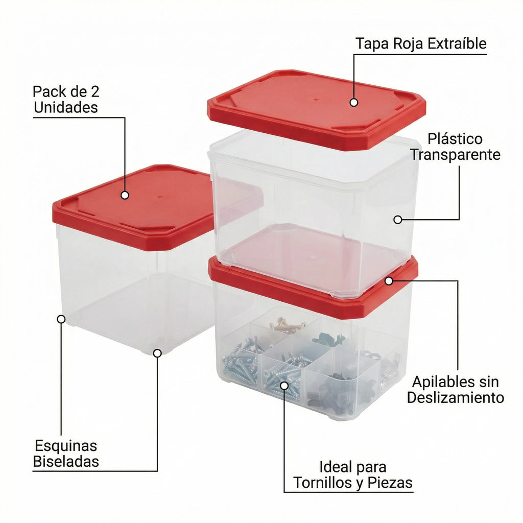 Pack 2 Cajas Organizadoras Transparentes con Tapa Roja Apilables | Parkside