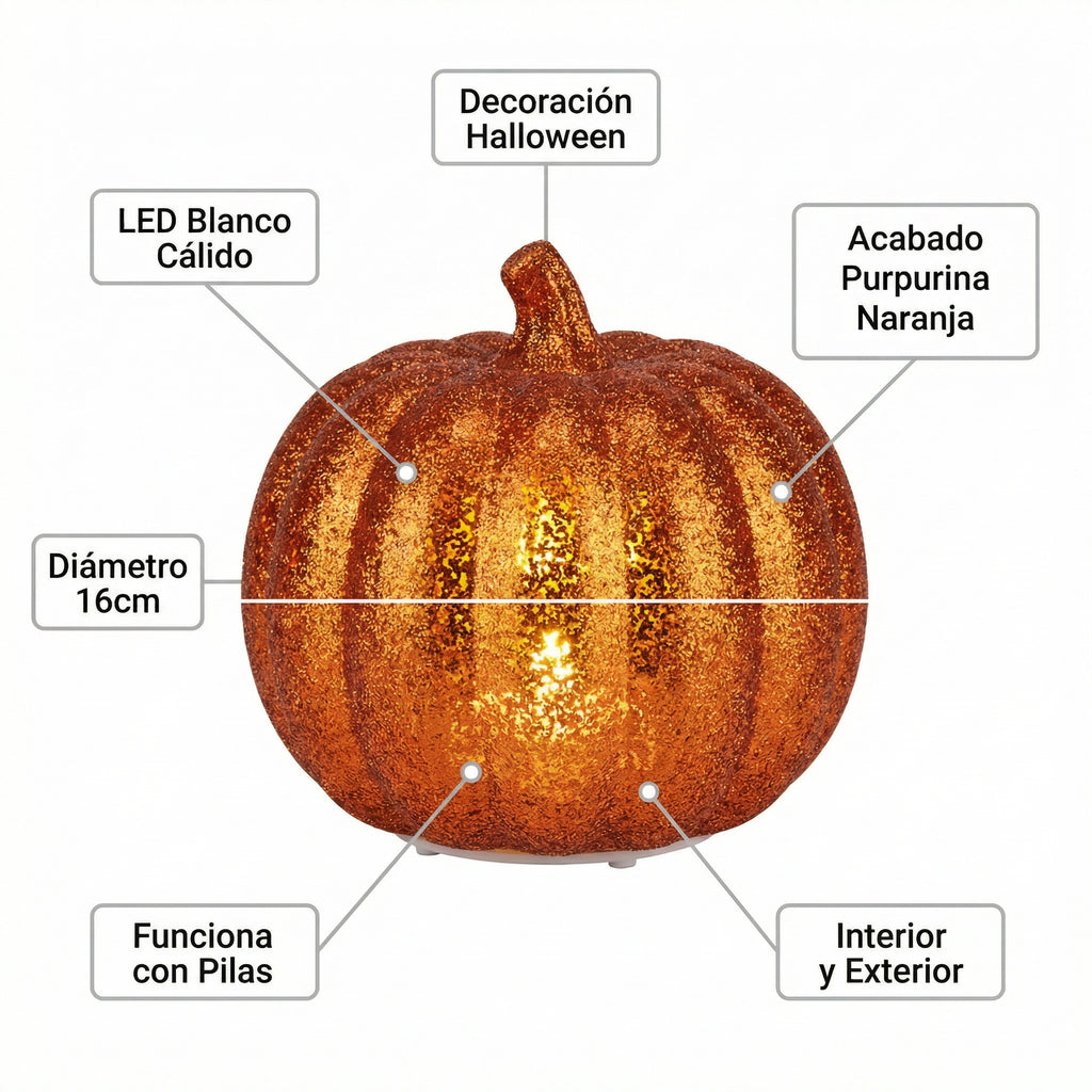 Calabaza LED Decorativa Halloween Naranja con Purpurina Ø16cm a Pilas | Home Creation