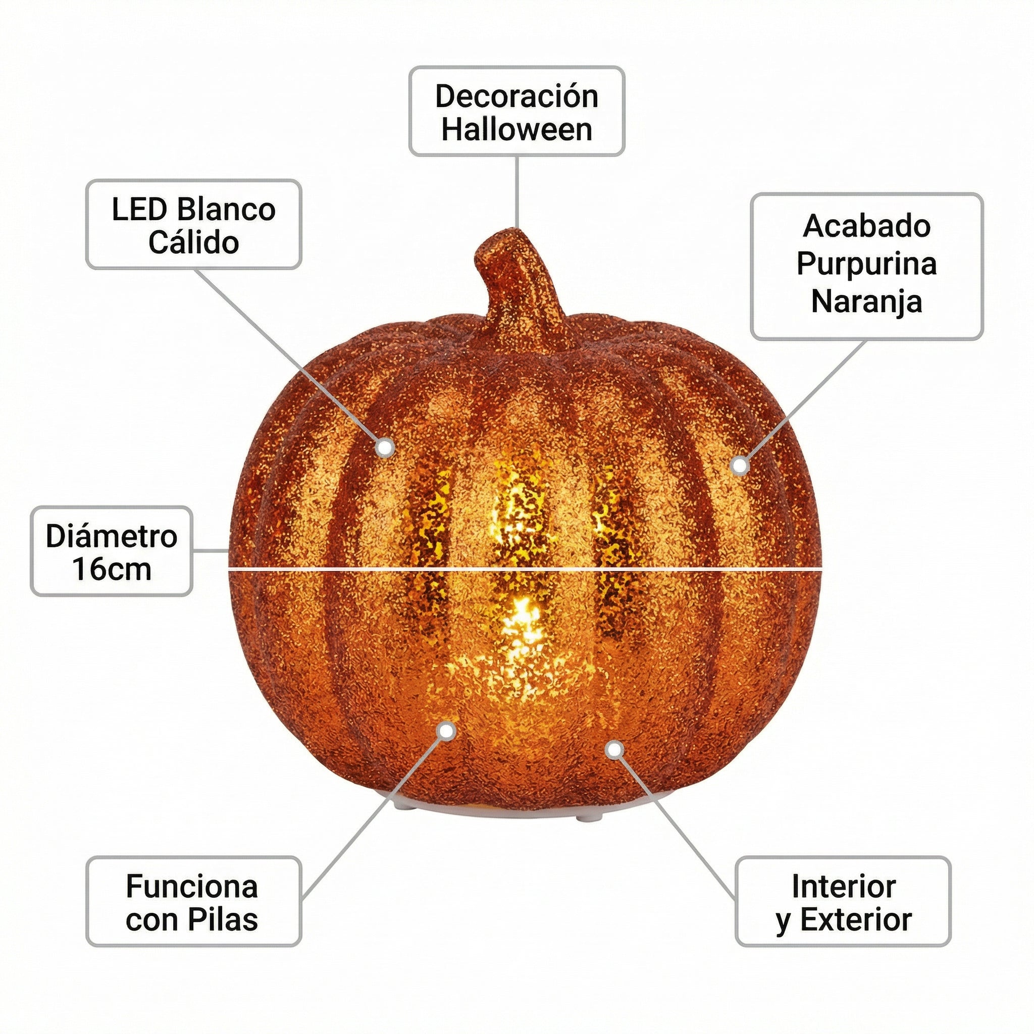 Calabaza LED Decorativa Halloween Naranja con Purpurina Ø16cm a Pilas | Home Creation