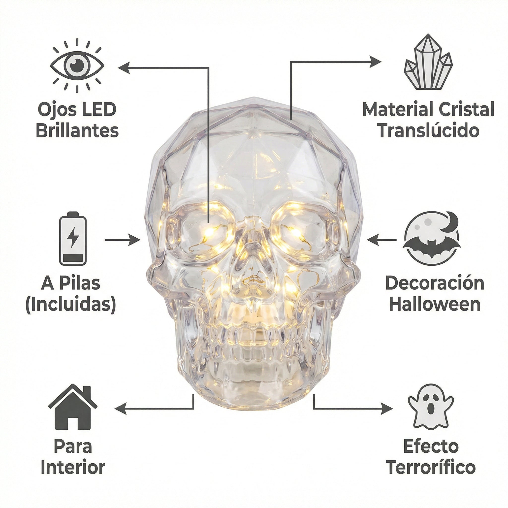 Calavera LED Decorativa Halloween Cristal Translúcido con Ojos Brillantes | Home Creation