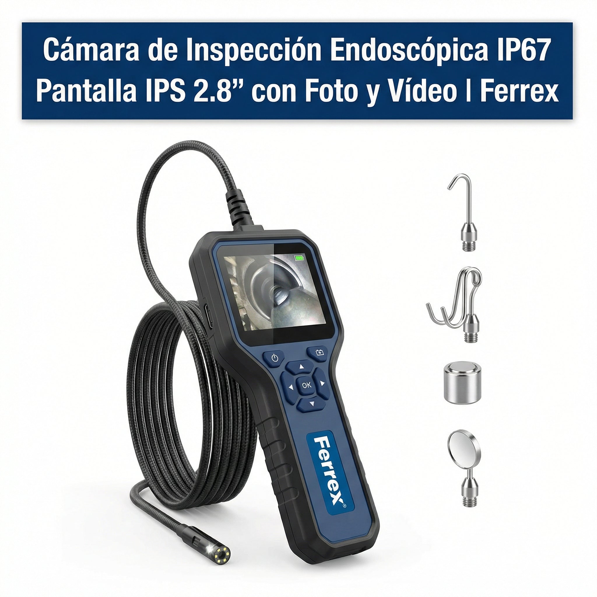 Cámara de Inspección Endoscópica IP67 Pantalla IPS 2.8" | Ferrex