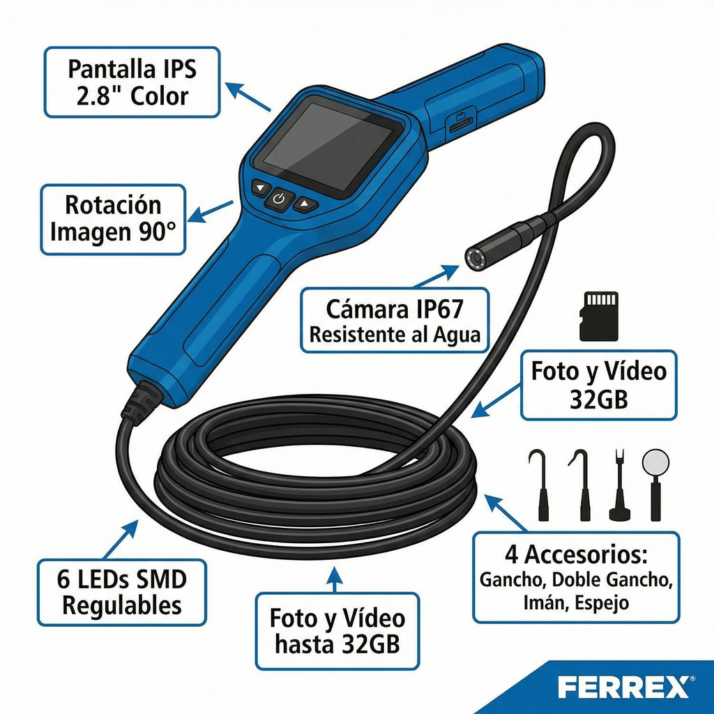 Cámara de Inspección Endoscópica IP67 Pantalla IPS 2.8" | Ferrex