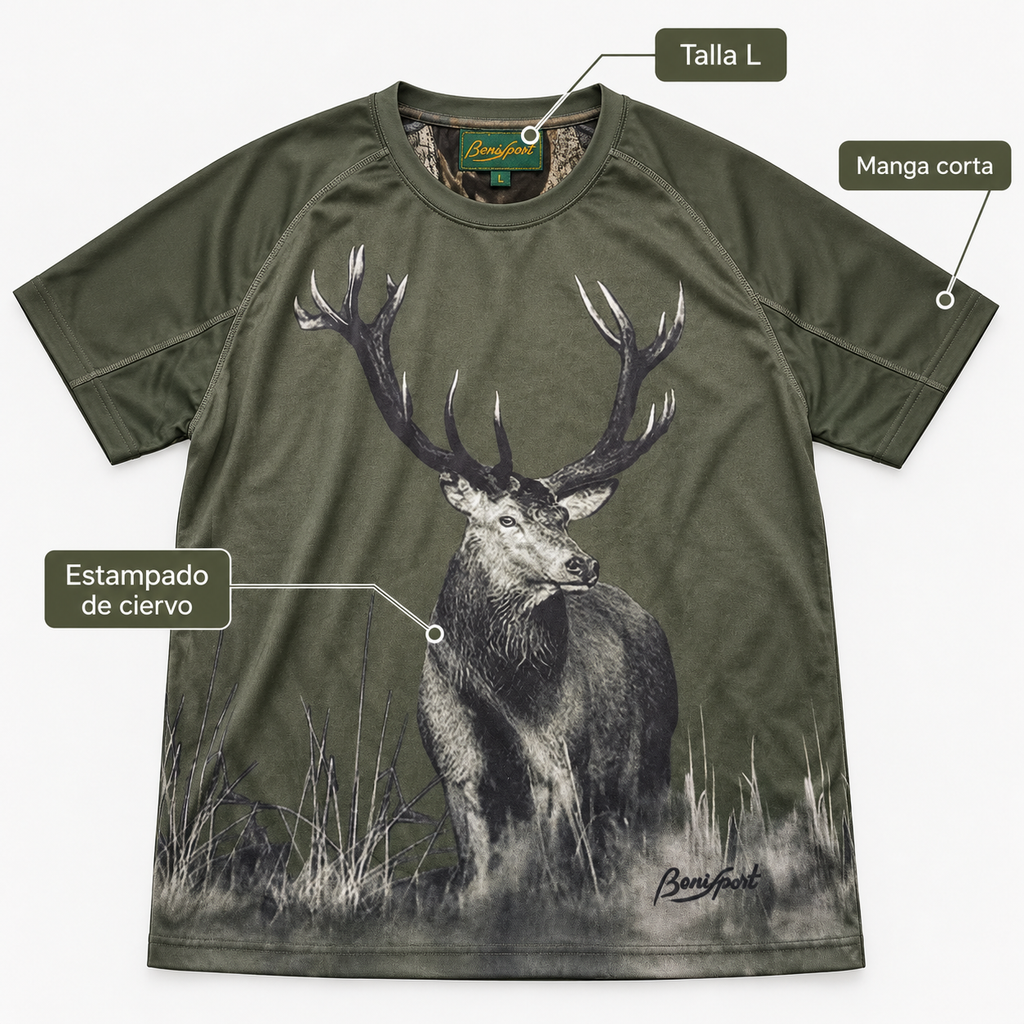 Características de la camiseta Benisport verde con ciervo talla L