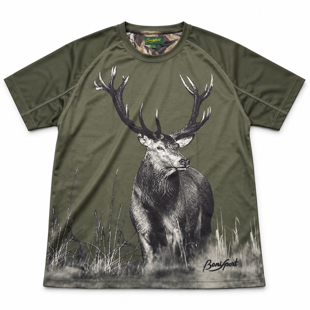 Camiseta Benisport verde con estampado de ciervo talla L sobre fondo blanco
