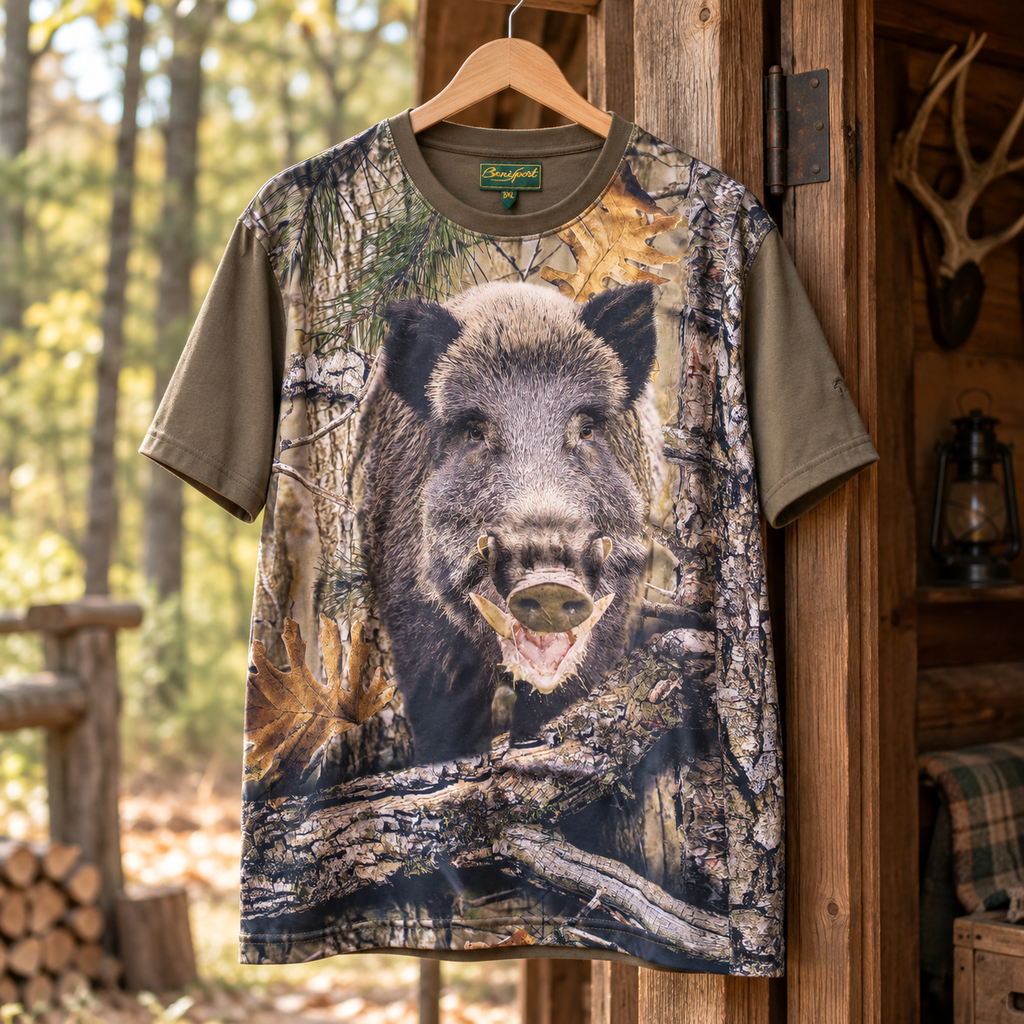 Camiseta Benisport con jabalí talla 3XL en ambiente de bosque