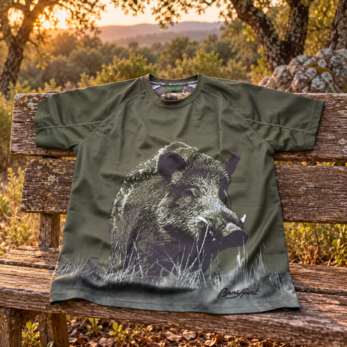 Camiseta Benisport con jabalí talla L en un banco de madera junto al bosque
