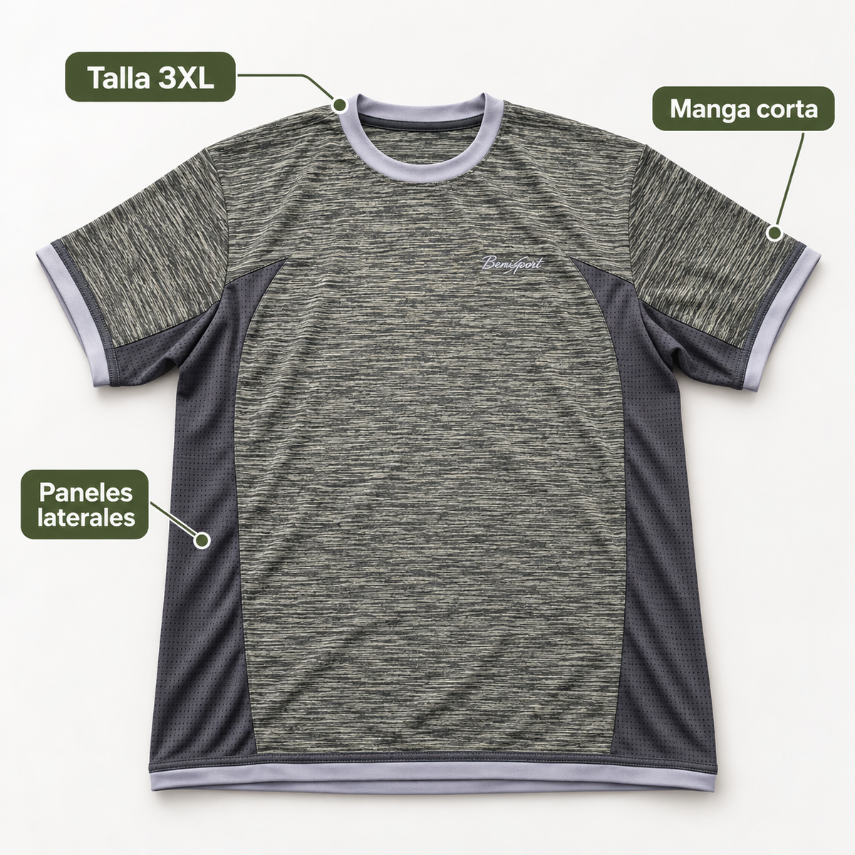 Características de la camiseta Benisport Outdoor gris y verde talla 3XL