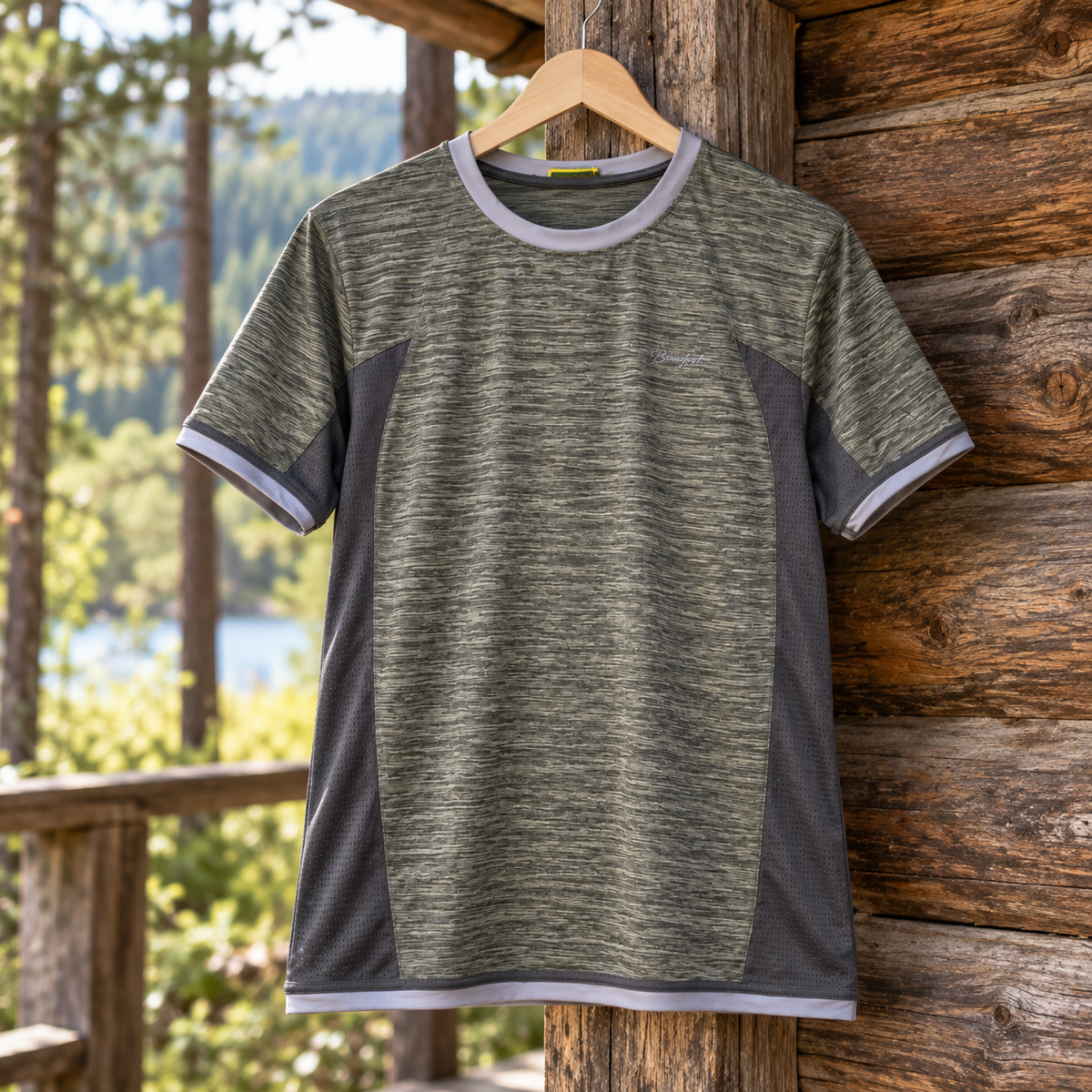 Camiseta Benisport Outdoor gris y verde talla 3XL en entorno de campo