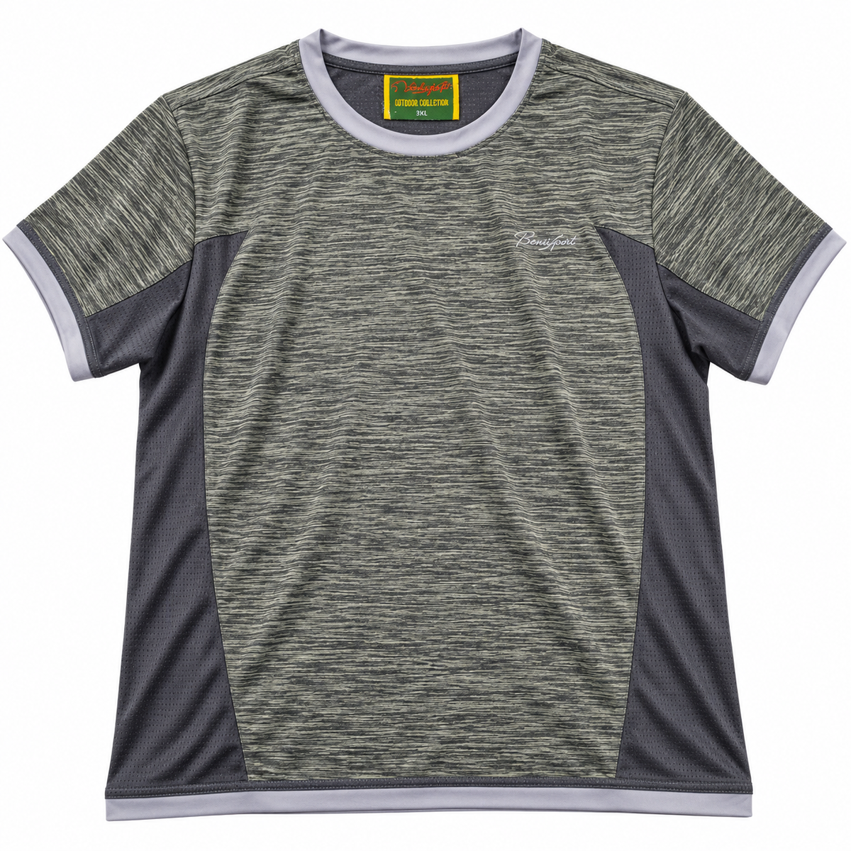 Camiseta técnica Benisport Outdoor gris y verde talla 3XL sobre fondo blanco