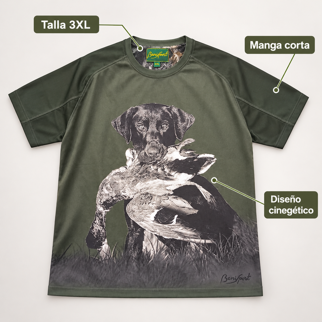 Características de la camiseta Benisport con perro cobrador y aves talla 3XL