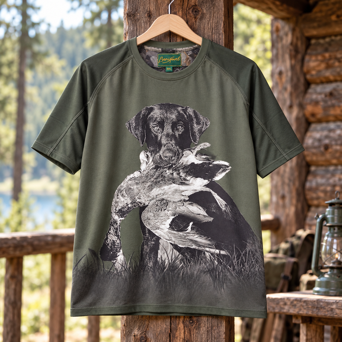 Camiseta Benisport con perro cobrador y aves talla 3XL en ambiente de bosque