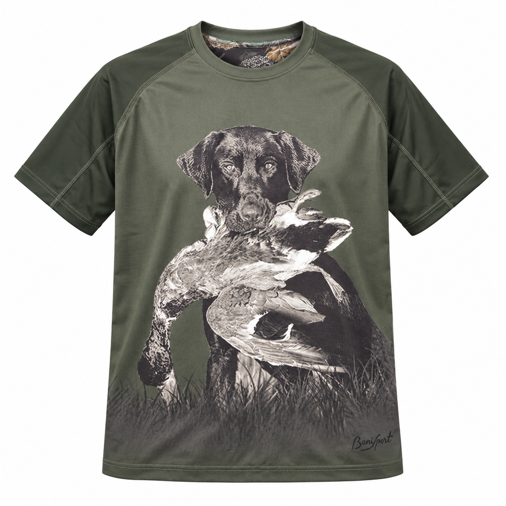 Camiseta Benisport verde con perro cobrador y aves talla 3XL sobre fondo blanco