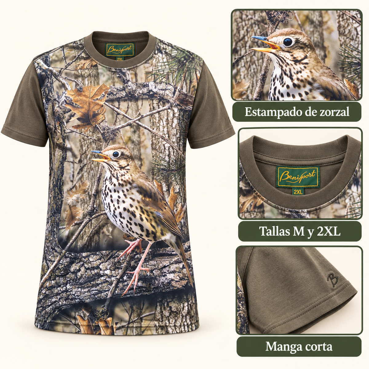 Características de la camiseta Benisport con estampado de zorzal, tallas M y 2XL