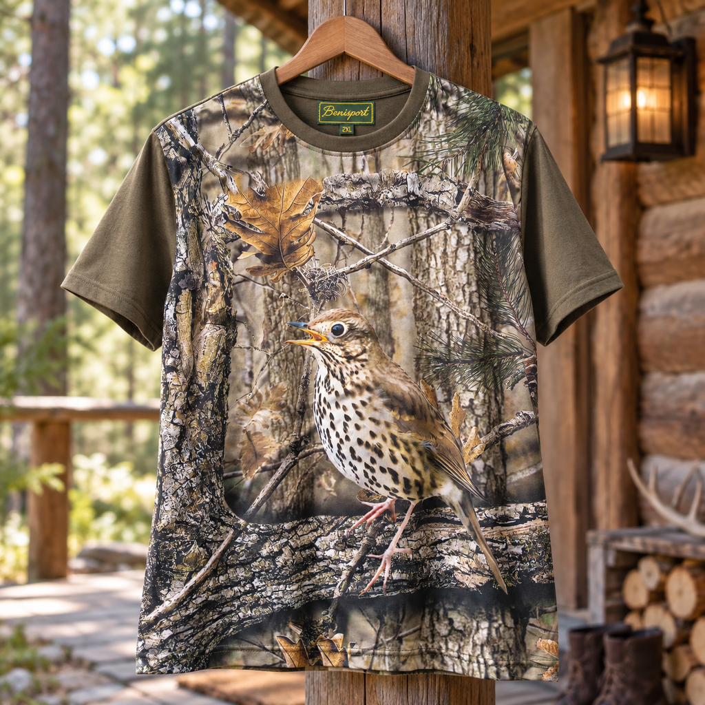 Camiseta Benisport con zorzal en ambiente de bosque