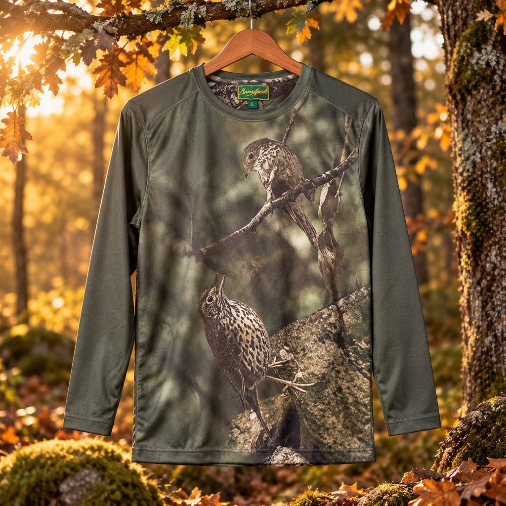 Camiseta Benisport de manga larga con zorzales en ambiente de bosque