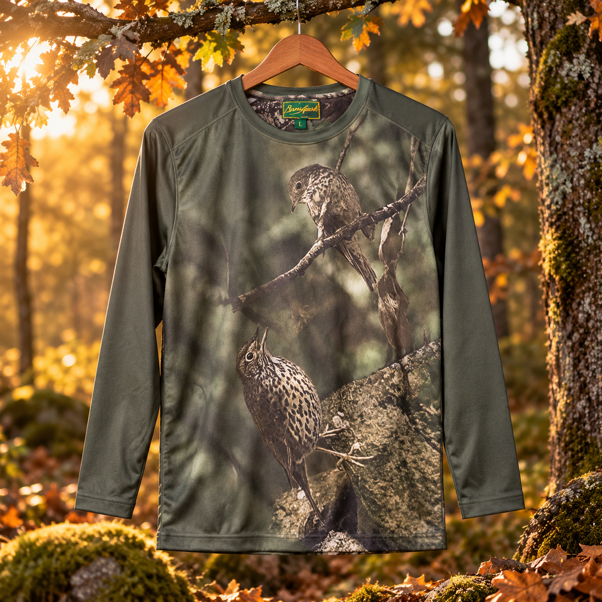 Camiseta Benisport de manga larga con zorzales en ambiente de bosque