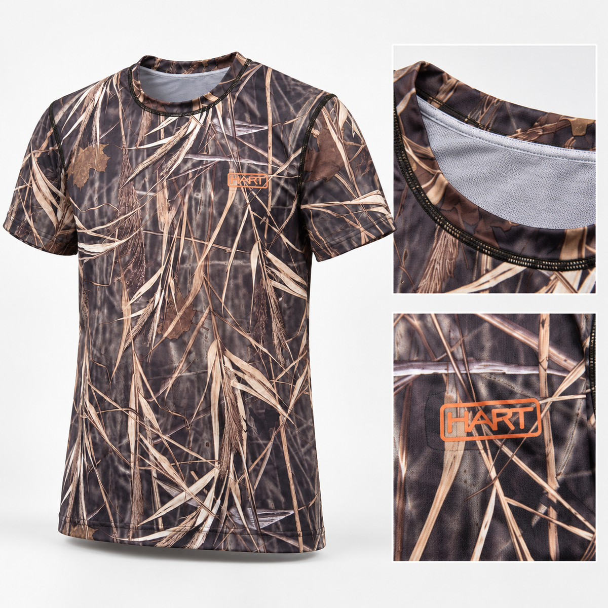 Detalles de cuello, costuras y logo de la camiseta HART camuflaje talla S